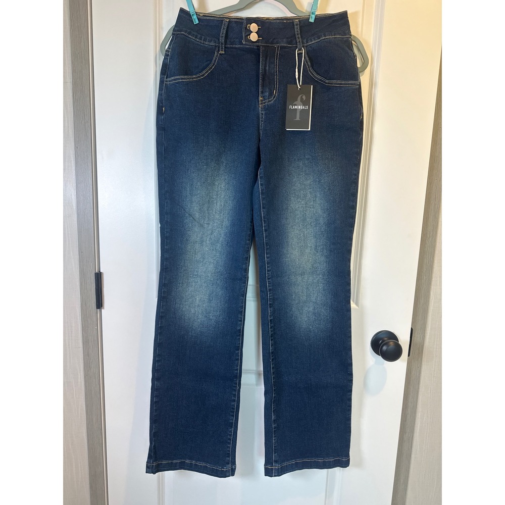 Flamingals Womens High Waisted Straight Leg Jeans Dark Wash Size S NWT